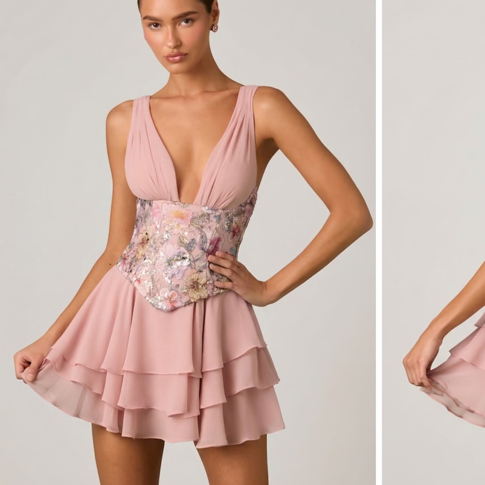 Oh Polly Blush Floral Corset Mini Dress